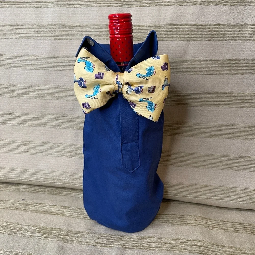 Handcrafted Wine or Liquor Bottle Gift Bag Made From Dress Shirt and Pelican Tie